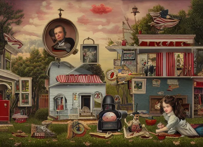 Prompt: all about americana, lowbrow, matte painting, 3 - d highly detailed, in the style of mark ryden,