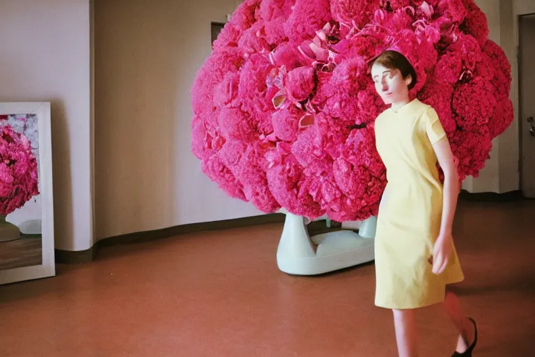 Image similar to giant flower head, girl walking in 1 9 6 0 s hotel, surreal, symmetry, mid century, fanciful, hue, detailed, wes anderson