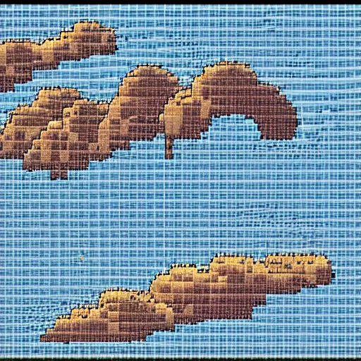 Image similar to an ocean and mountains on a hazy distant planet, extremely detailed, pixel art