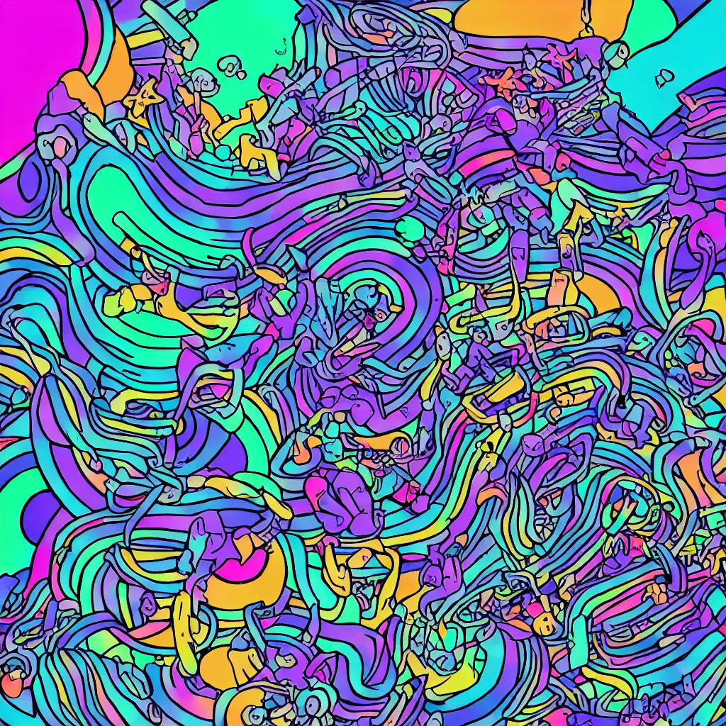 Prompt: psychedelic magic mushrooms, ryuta ueda artwork, jet set radio artwork, stripes, gloom, space, cel - shaded art style, broken rainbow, data, minimal, speakers, code, cybernetic, dark, eerie, cyber