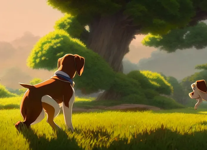 Image similar to a wholesome animation key shot of all brown pointer dog, studio ghibli, pixar and disney animation, sharp, rendered in unreal engine 5, anime key art by greg rutkowski, bloom, dramatic lighting