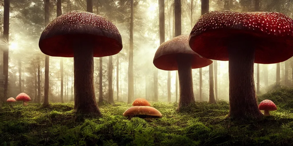 Prompt: Photo by Filip Hodas of the cinematic view of the Forest of the Giants, giant mushroom with a little transparency, some normal mushrooms on the floor, A very big red mushroom with white spots , photorealism, a few sun ray of lights falling, photo taken with canon 5D wide angle lens