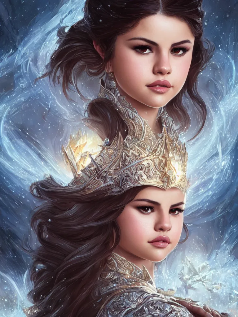 Image similar to Selena Gomez casting an frost spell, D&D, fantasy, intricate, elegant, highly detailed, digital painting, artstation, concept art, matte, sharp focus, illustration, hearthstone, art by Artgerm and Greg Rutkowski and Alphonse Mucha