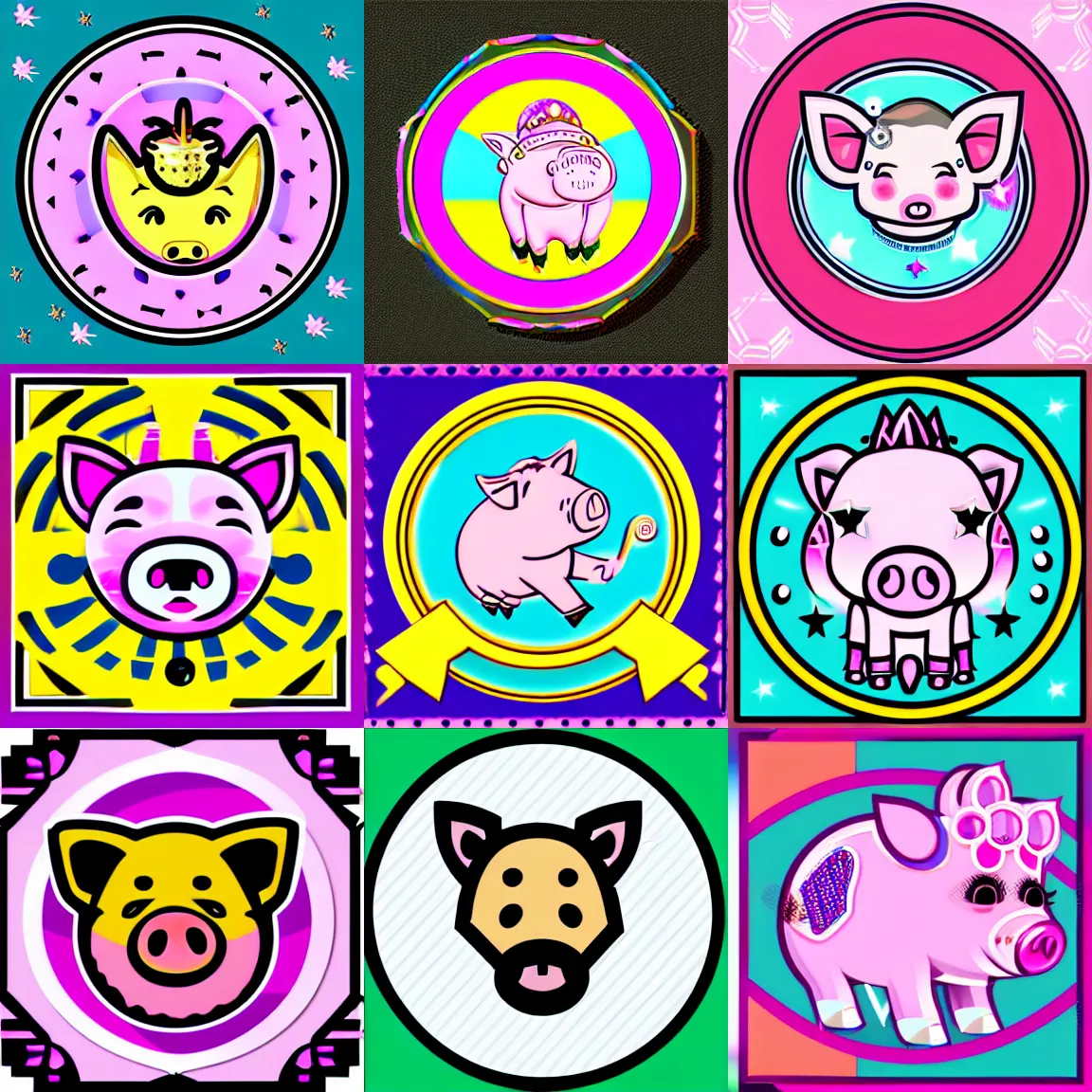 Prompt: 🐷 🤑 ☭ 🌟 🌠 girly paypig icon designed by lisa frank, vector graphics forum badge, svg, symmetrical, transparent background, cute, metal, enamel, cloissonne, vintage, guilloche, gem stones, gilt, swarovski, 1 1 2 x 1 1 2, circular