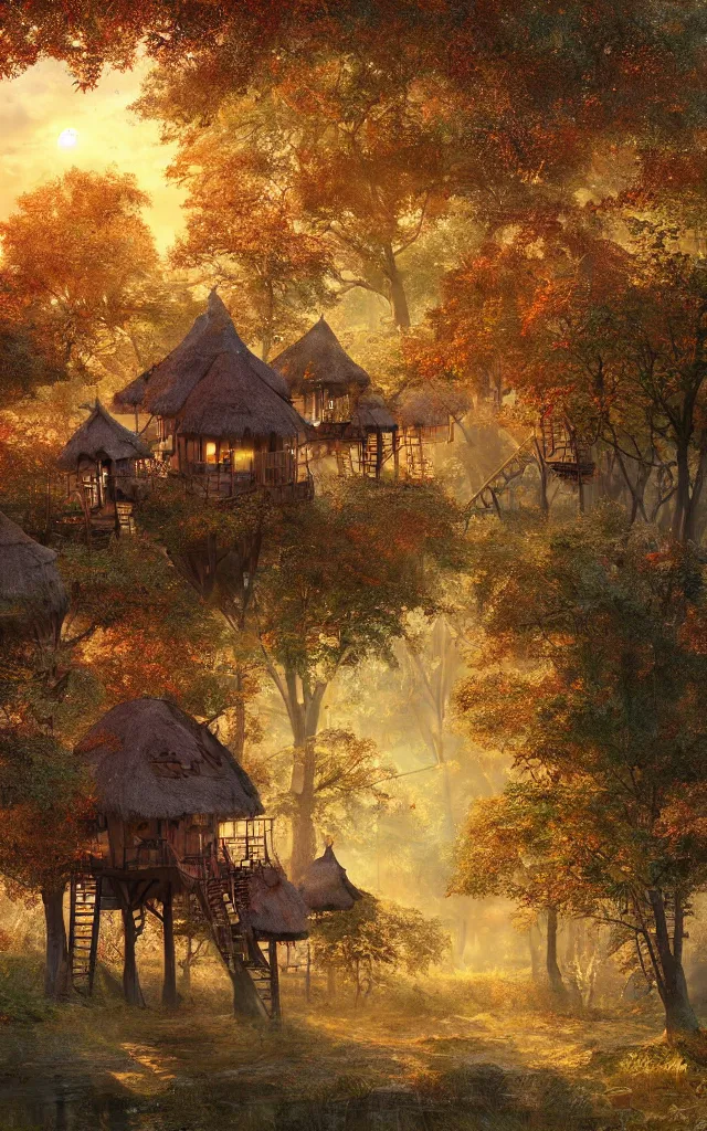 Image similar to a village full of tree houses with wooden ladders and thatched roofs, nestled in a forest, golden hour, autumn leaves, realistic high quality art digital art trending on artstation