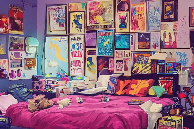 Prompt: a room of an american teen, graffiti and posters on the wall, bed, guitar, bookshelves, toys, bright, 8 0 s style, nostalgic, the sun shines in, warm, cozy, isometric art, bright, artstation, highly detailed, cinematic lighting + masterpiece