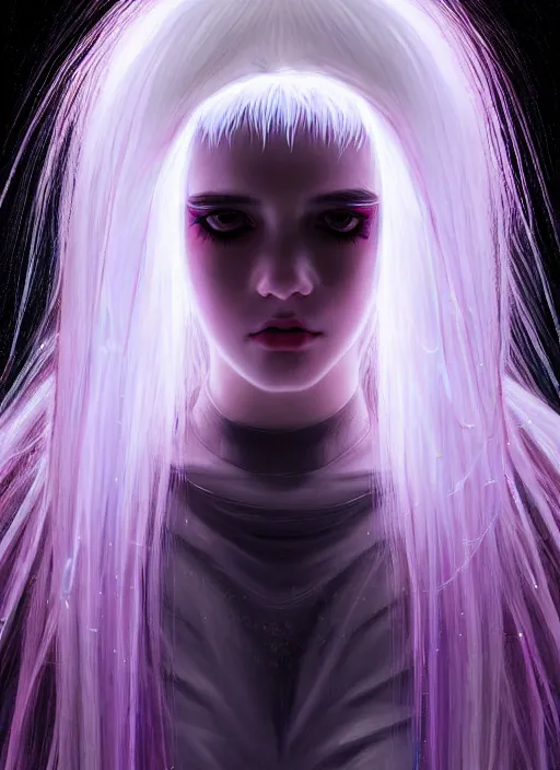 Image similar to hair whitebangs hair, black cyberlox, portrait of teenage girl with white bangs, whitebangsblackhair, messy bangs, cyberlox, whitebangs, red irises, purple clothes, intricate, elegant, glowing lights, highly detailed, digital painting, artstation, concept art, sharp focus, illustration, art by wlop, mars ravelo and greg rutkowski