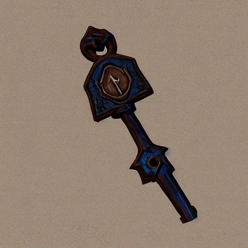 Image similar to a medieval wooden key for the doors, rpg game inventory item, Warcraft style, outer glow, solid background, trending on artstation