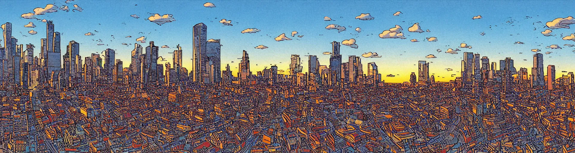 Image similar to Rotterdam Skyline, cartoon style by Jean Giraud, Moebius, intricate detail, sunset, cloudy, highly detailed