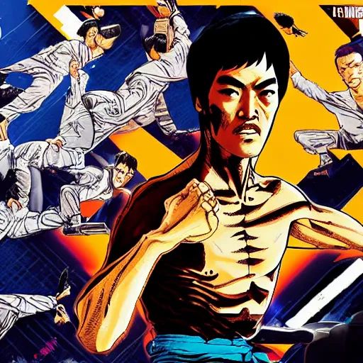 Image similar to Bruce Lee in the style of Borderlands, by Feng Zhu and Laurie Greasley, Victo Ngai, Andreas Rocha, John Harris