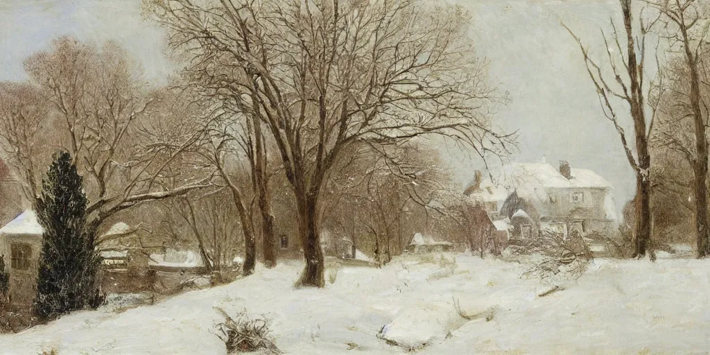 Prompt: a house during a severe winter, by george henry durrie, tree swaying, snow falling