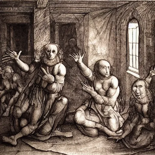 Prompt: cultists summon demons in the basement by Leonardo Da Vinci, 4k, high detail