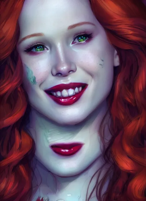 Image similar to beautiful Madelaine Petsch poison ivy DC comics taking a selfie, evil smile, realistic character concept, medium shot, fun pose, comic book, illustration, slender symmetrical face and body, artstation, cinematic lighting, hyperdetailed, high resolution, Charlie Bowater, Tom Bagshaw, single face, insanely detailed and intricate, beautiful