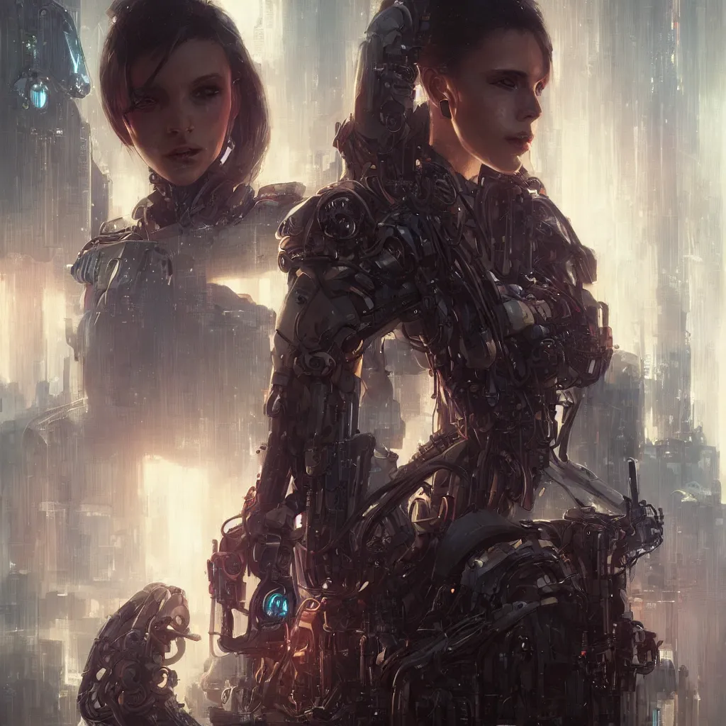 Image similar to portrait of a cyberpunk beautiful young woman by Greg Rutkowski, biomechanical, highly detailed portrait, Blade Runner background, futuristic, digital engine, luminous, vapor