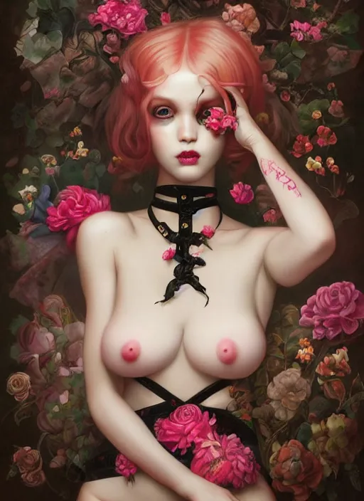 Image similar to pop surrealism, lowbrow art, realistic seductive cute woman painting, body harness, japanese shibari with flowers, hyper realism, muted colours, rococo, natalie shau, loreta lux, tom bagshaw, mark ryden, trevor brown style,