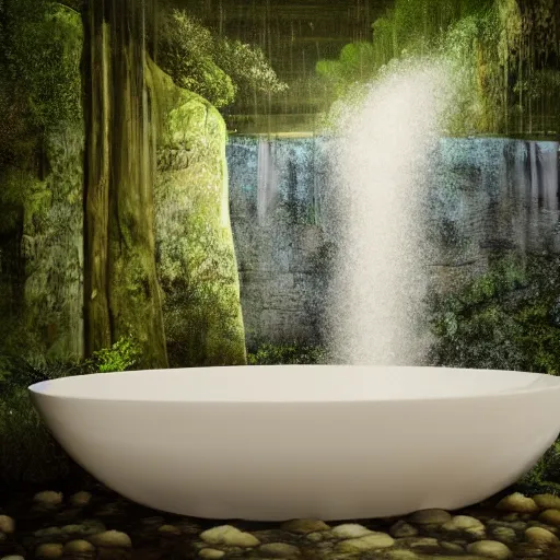 Prompt: a bathtub under waterfall in forest, digital painting, high contrast, unreal engine render, volumetric lighting, high détail