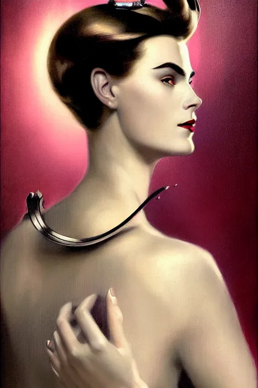 Prompt: beautiful evil cyborg grace kelly by steichen in the style of a modern tom bagshaw, alphonse muca, victor horta, gaston bussiere. anatomically correct. extremely lush detail. masterpiece. melancholic scene infected by night. perfect composition and lighting. sharp focus. high contrast lush surrealistic photorealism. sultry expression.