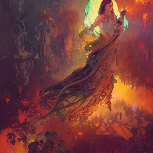 Prompt: hell skys, overdetailed art, by greg rutkowski, by Alfons Mucha, complementing colors, magic, colorful lights, fireflies, detailed illustration
