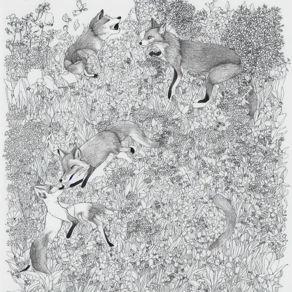 Image similar to foxes playing jumping in tranquillity garden ink drawing by james jean very fine linework