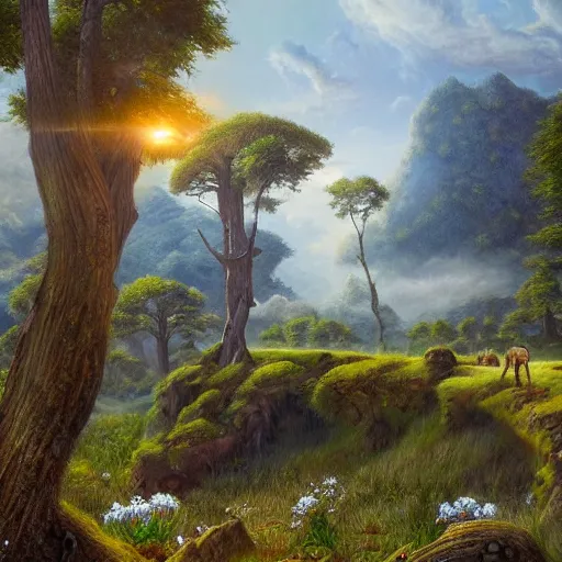 Image similar to large landscapes from another world, beautiful painting, very detailed fauna and flora, enhance lighting, the atmosphere is looking weird