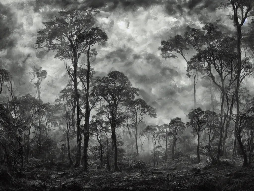 Image similar to detailed landscape, forests. very detailed dark super storm, hyper realistic clouds, impressive, magical, very atmospheric, smoke boiling, cinematic, deep, very high complexity, stunning, masterpiece, chiaroscuro, in the style of david holland and michael creese, very detailed. 4 k