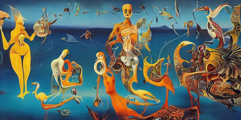 Image similar to a beautiful abstract with goldfish, pelicans and a human couple in an alien landscape by salvador dali and gerald brom