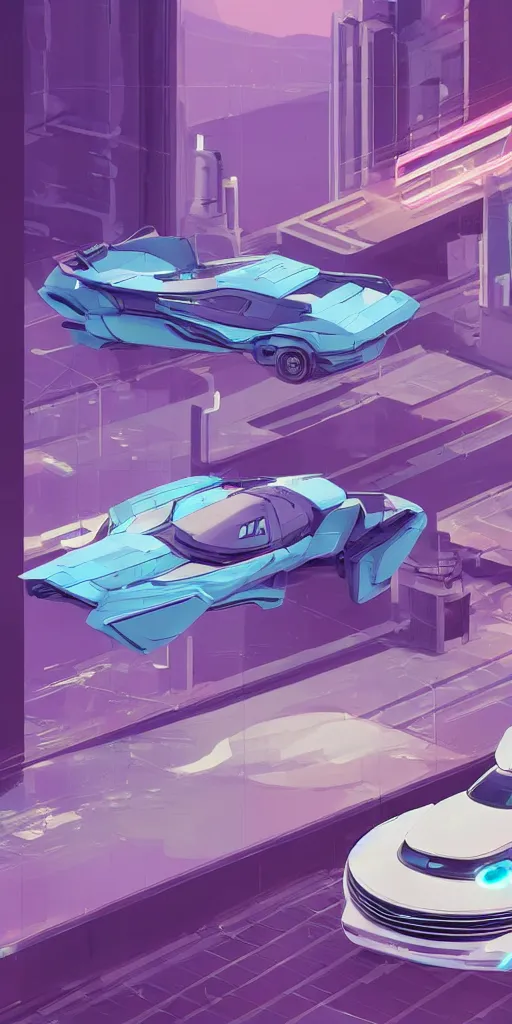 Prompt: pastel color pallete futuristic kiosk floating car with jet engine next to it Future drive through window Highly Illustrated artstation by space goose Cyberpunk buildings in background