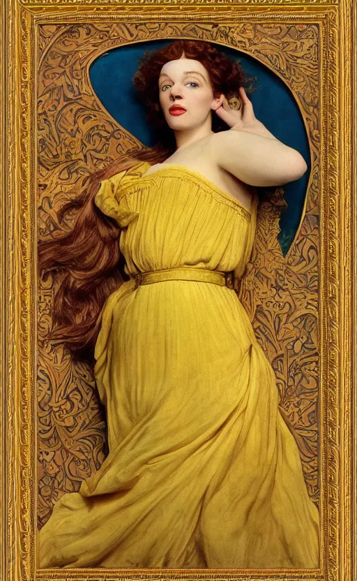 Image similar to preraphaelite full body reclining portrait photography masterpiece hybrid of judy garland and florence welch, foreshortening, brown hair fringe, yellow ochre ornate medieval dress, kilian eng and william holman hunt, frederic leighton, ford madox brown, william morris, framed, 4 k