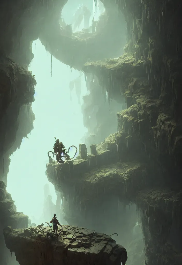 Prompt: a concept art painting of an explorer at the bottom of an ancient well, upward angle, dramatic shadows, a monster crawls on the walls by tuomas korpi, pablo carpio, gilles beloeil, trending on artstation, highly detailed, atmospheric, directional lighting, cinematic