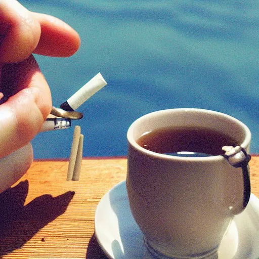 Image similar to drowning past regrets in tea and cigarettes