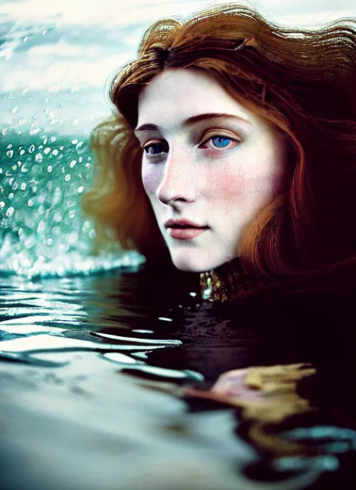 Image similar to Kodak Portra 400, 8K, soft light, volumetric lighting, highly detailed, britt marling style 3/4, extreme Close-up portrait photography of a beautiful woman how pre-Raphaelites with half face immersed in water, the hair floats on the water, a beautiful lace dress and hair are intricate with highly detailed realistic beautiful flowers , Realistic, Refined, Highly Detailed, natural outdoor soft pastel lighting colors scheme, outdoor fine art photography, Hyper realistic, photo realistic