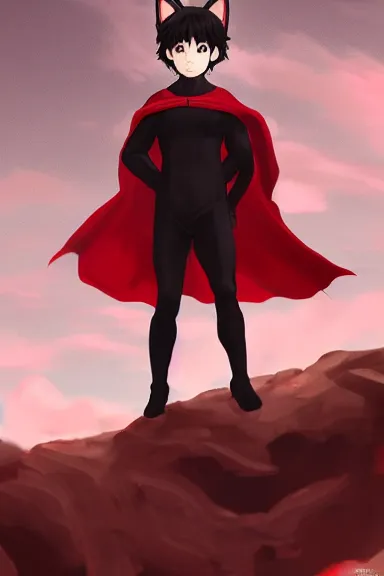 Prompt: little boy with cat ears in an black outfit with red cape. digital artwork made by lois van baarle and kentaro miura, sharpness focus, inspired by hirohiko araki, anatomically correct, heroic composition, hero pose, smooth, night city, hd