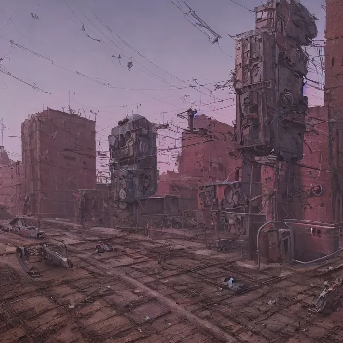 Prompt: a beautiful painting of old soviet village, robots, alien construction, by simon stalenhag and zdzisław beksinski and rene magritte and greg rutkowski, in style of digital art. hyper detailed, sharp focus, soft light. unreal engine 5. ray tracing. trending on artstation