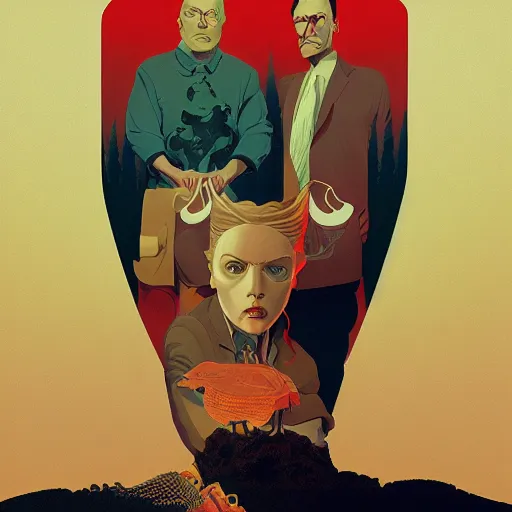 Image similar to poster artwork by Michael Whelan and Tomer Hanuka, Karol Bak of collective satori, from scene from Twin Peaks, clean, simple illustration, nostalgic, domestic, full of details