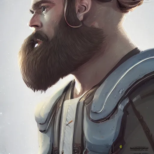 Image similar to portrait of a Germanic man with a beard and flight suit, D&D, sci-fi, elegant, hopeful, muscular, highly detailed, digital painting, artstation, concept art, smooth, sharp focus, illustration