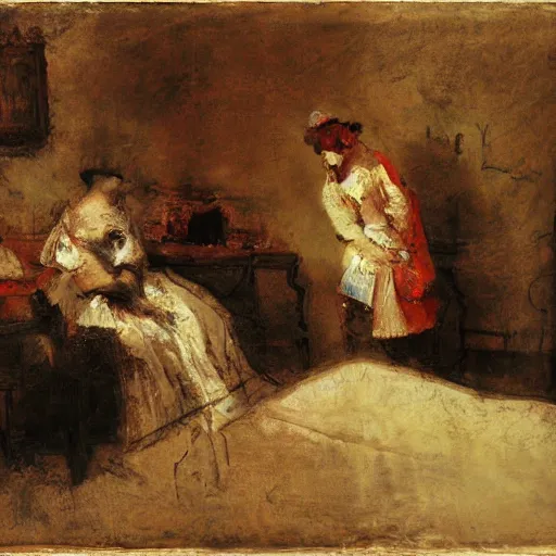 Prompt: two blurry figures in a messy room. Crumpled sheet in bottom-left corner. scrumbling stylized abstract. By Rembrandt warm color scheme. Red white yellow brown.