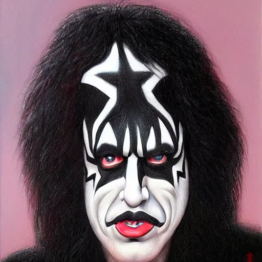 Image similar to Caricature portraits done of KISS band members in makeup, realistic, hyperrealistic, very realistic, highly detailed, very detailed, extremely detailed, detailed, oil painting, digital art, trending on artstation