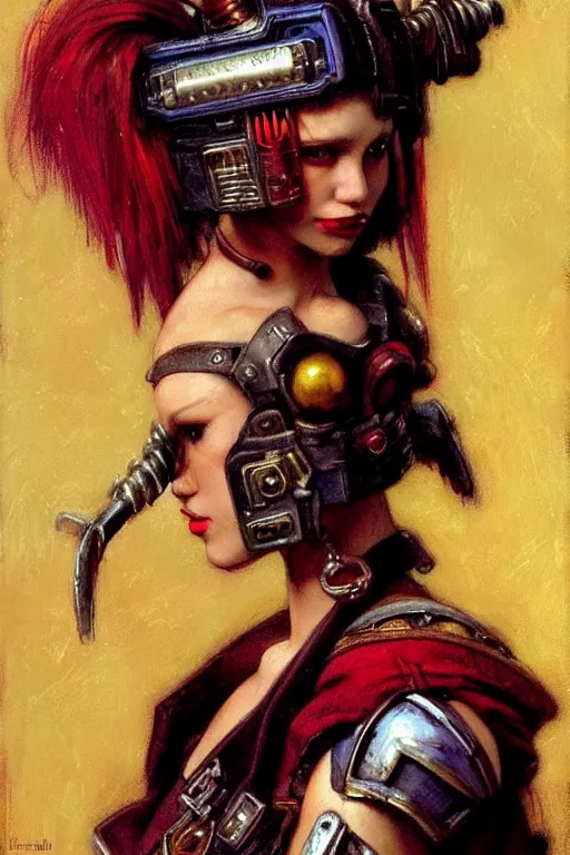 Image similar to full character portrait max mad cyberpunk warhammer 4 0 k, warrior marine the girl with the pearl earring character design, painting by gaston bussiere, katsuya terada, frank frazetta, tom of finland, trending on artstation