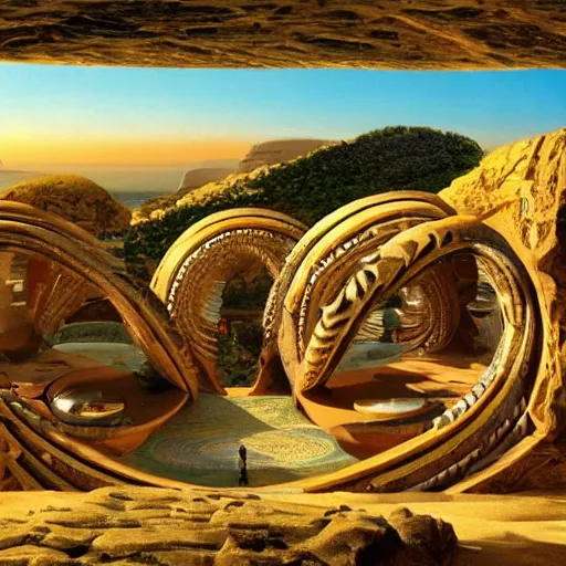 Prompt: a gigantic paleolothic torus made of stone with highly detailed carvings of intricate shamanic robotic electronics and circuitry, in a mediterranean lanscape, inside a valley overlooking the sea, in the style of syd mead