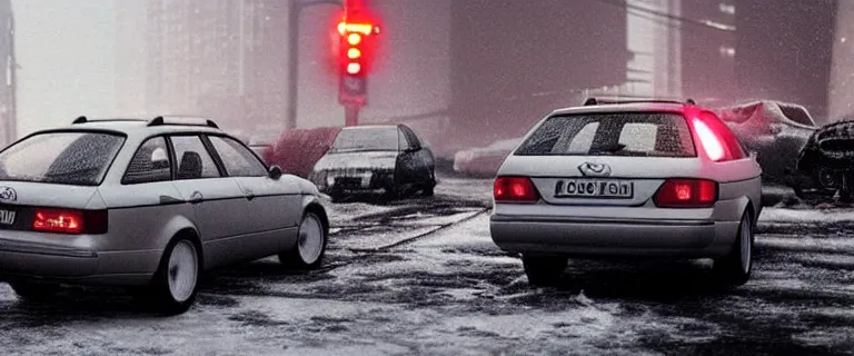 Image similar to Audi A4 B6 Avant (2002), a gritty neo-noir, dramatic lighting, cinematic, eerie person, death, homicide, homicide in the snow, gunshots, establishing shot, extremely high detail, photorealistic, red mist, arson, burning city, cinematic lighting, artstation, by simon stalenhag, Max Payne (PC) (2001) winter New York at night, In the style of Max Payne 1 graphic novel, flashing lights, Poets of the Fall - Late Goodbye