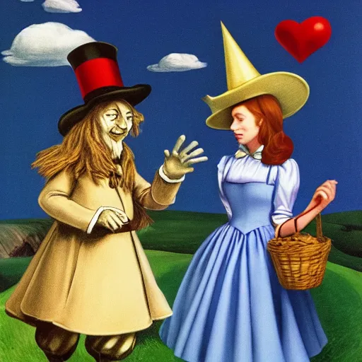 Image similar to Alice in Wonderland and Wizard of Oz by Raphael, Hopper, and Rene Magritte. detailed, romantic, enchanting, trending on artstation.