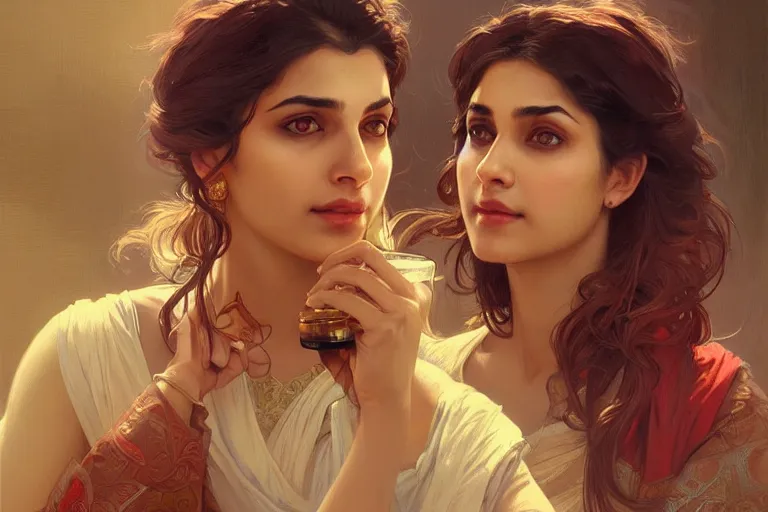 Image similar to Anxious good looking pale young Indian doctors drinking, portrait, elegant, intricate, digital painting, artstation, concept art, smooth, sharp focus, illustration, art by artgerm and greg rutkowski and alphonse mucha