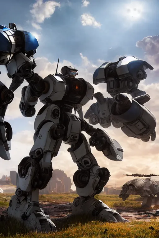 Image similar to mechwarrior 5 : mercenaries mech megaman transformer robot boss tank engine game octane render, 4 k, hd 2 0 2 2 3 d cgi rtx hdr style chrome reflexion glow fanart, global illumination ray tracing hdr fanart arstation by sung choi and eric pfeiffer and gabriel garza and casper konefal pixar and disney unreal zbrush central hardmesh