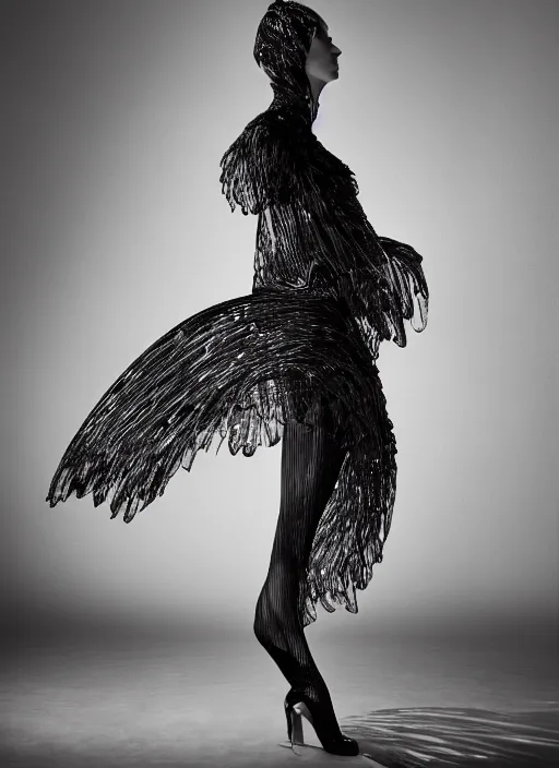 Prompt: a portrait of beautiful model tessa kuragi wearing iris van herpen dress, by serge lutens, photorealistic, intricate details, hyper realistic, photorealistic, canon r 3, photography, symmetrical features, symmetrical pose, wide angle shot, head to toe, standing pose, feet on the ground,