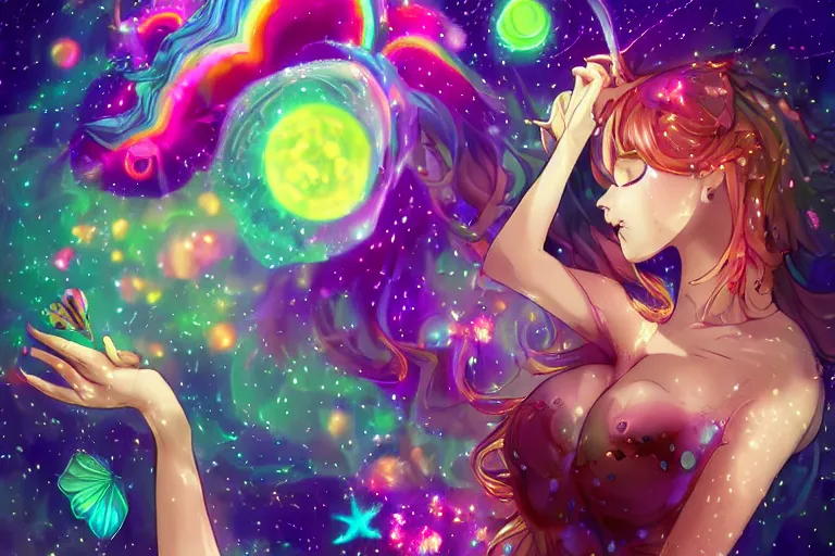 Image similar to psychedelic, full body, whimsical, anime, 4k, beautiful lusty woman blowing smoke, with professional makeup, long trippy hair, a crystal and flower dress, sitting in a reflective pool, surrounded by gems, underneath the stars, rainbow fireflies, trending on patreon, deviantart, twitter, artstation, volumetric lighting, heavy contrast, art style of Ross Tran and Miho Hirano and Ilya Kuvshinov