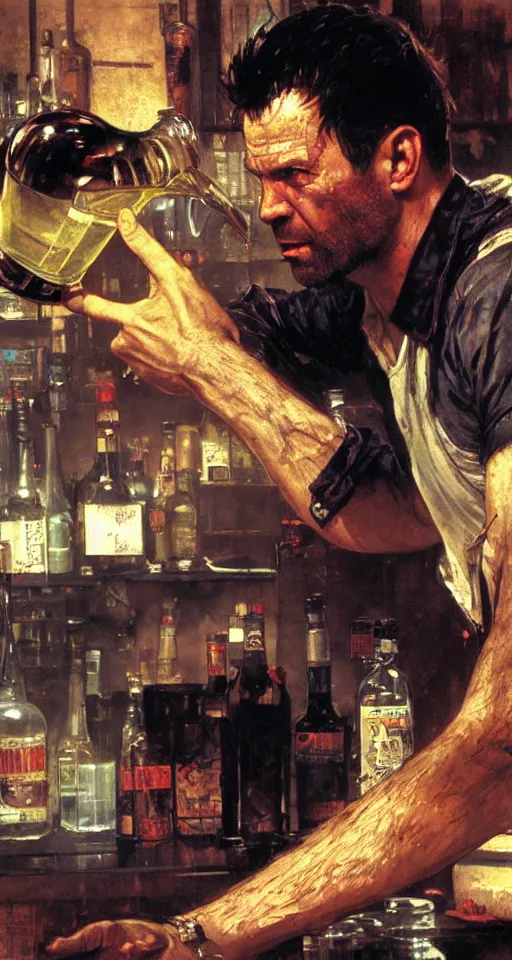 Prompt: close up of bloodied max payne pouring a drink, sun shining, photo realistic illustration by greg rutkowski, thomas kindkade, alphonse mucha, loish, norman rockwell.