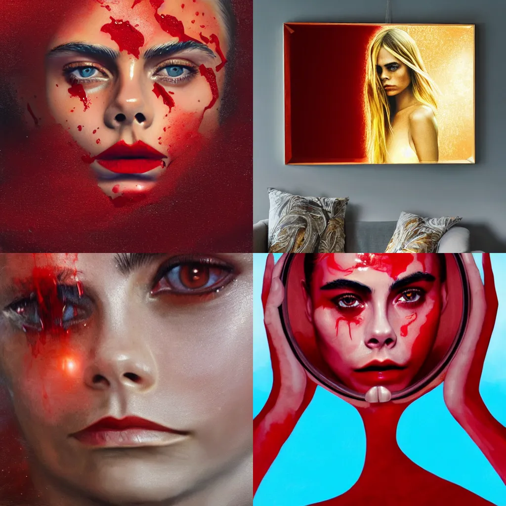 Prompt: Cara Delevigne with beautiful face and full body laying in a blood red pool of water between a bright golden glowing mirror frame, outside is space and inside the mirror frame is a beautiful landscape. Hyperrealistic surreal 4K IMAX Rene Margritte intricate, elegant, highly detailed, digital painting, artstation, concept art, smooth, sharp focus, illustration, art by artgerm, Francis bacon, HR Giger and greg rutkowski and alphonse mucha