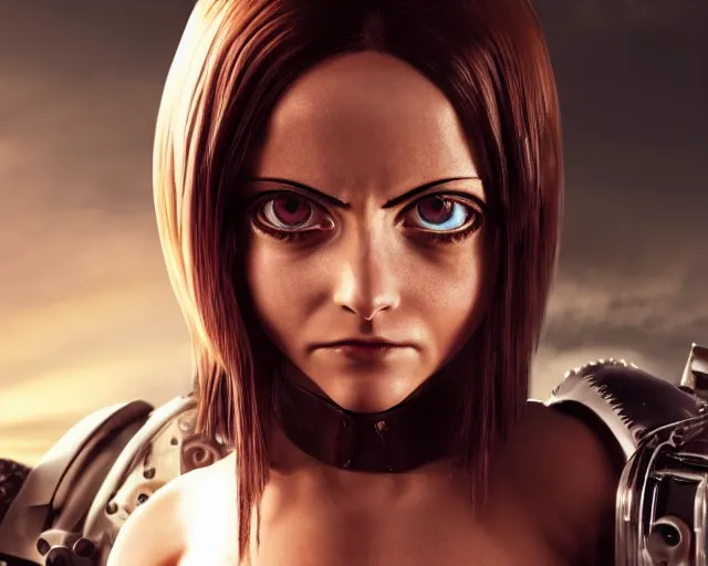 Image similar to film still of mena suvari as battle angel alita, beautiful portrait, watery doe eyes, mouth agape, photorealistic, lifelike, human actress, octane engine, cinematic lighting, high detail, high resolution