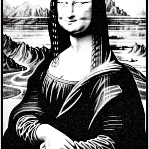 Image similar to Mona Lisa with computer cables, shinya Tsukamoto cyberpunk, monochrome film grain