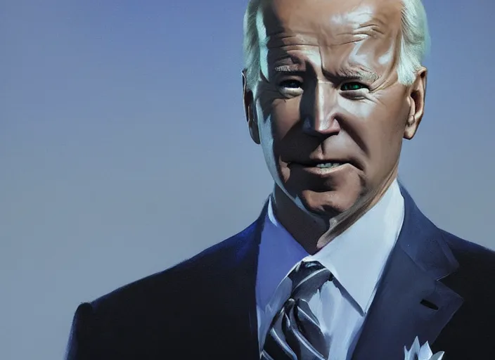 Image similar to portrait of photorealistic joe biden, shadow cast over face, beautiful park landscape lit by blood moon, rule of thirds, painting by sargent and leyendecker, fantasy, medium shot, intricate, matte painting, crimson gradient, dynamic lighting, by greg rutkowski and greg tocchini and james gilleard and joe fenton and greg manchess